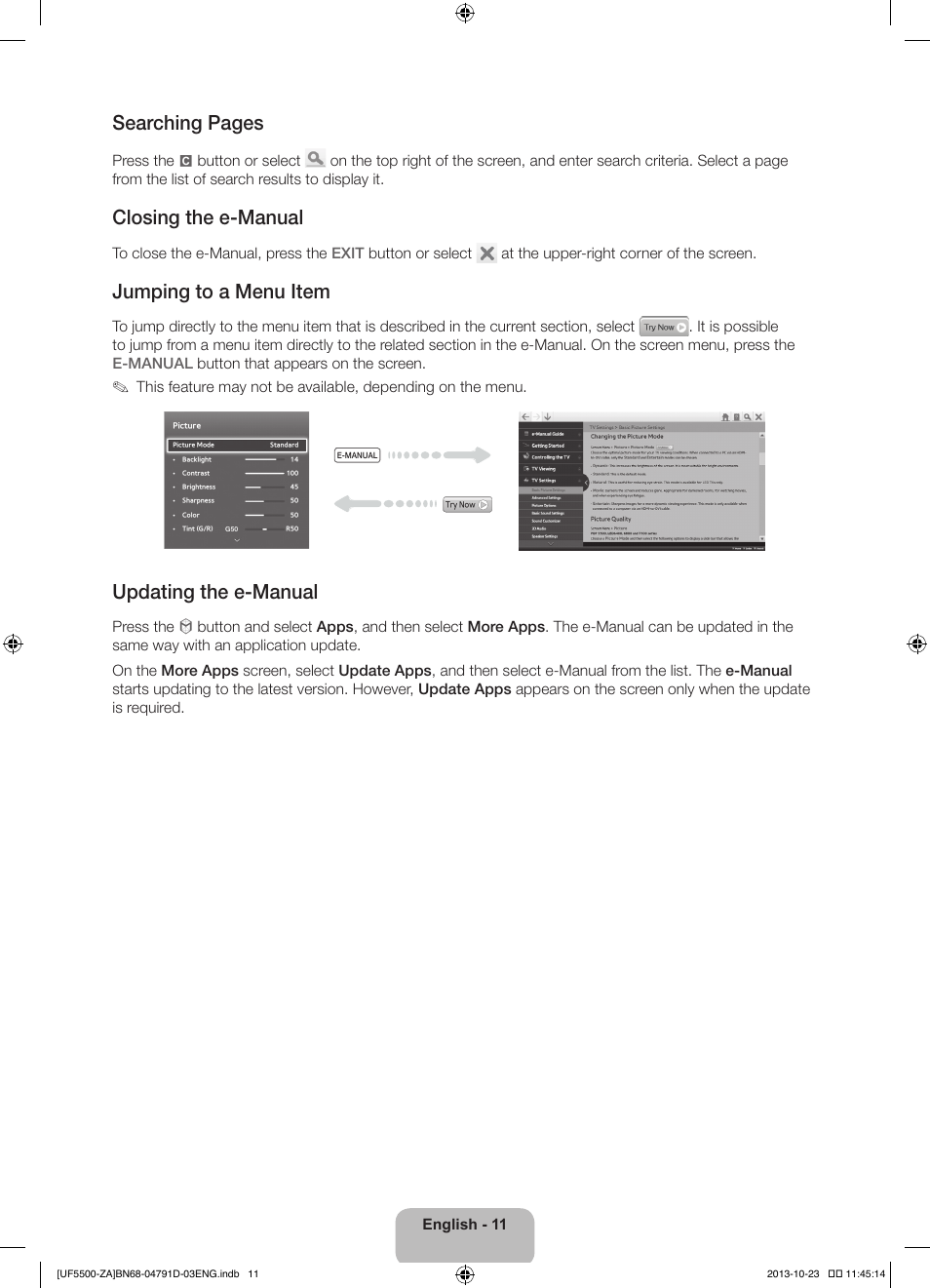 Searching pages, Closing the e-manual, Jumping to a menu item | Updating the e-manual | Samsung UN32F5500AFXZA User Manual | Page 11 / 26