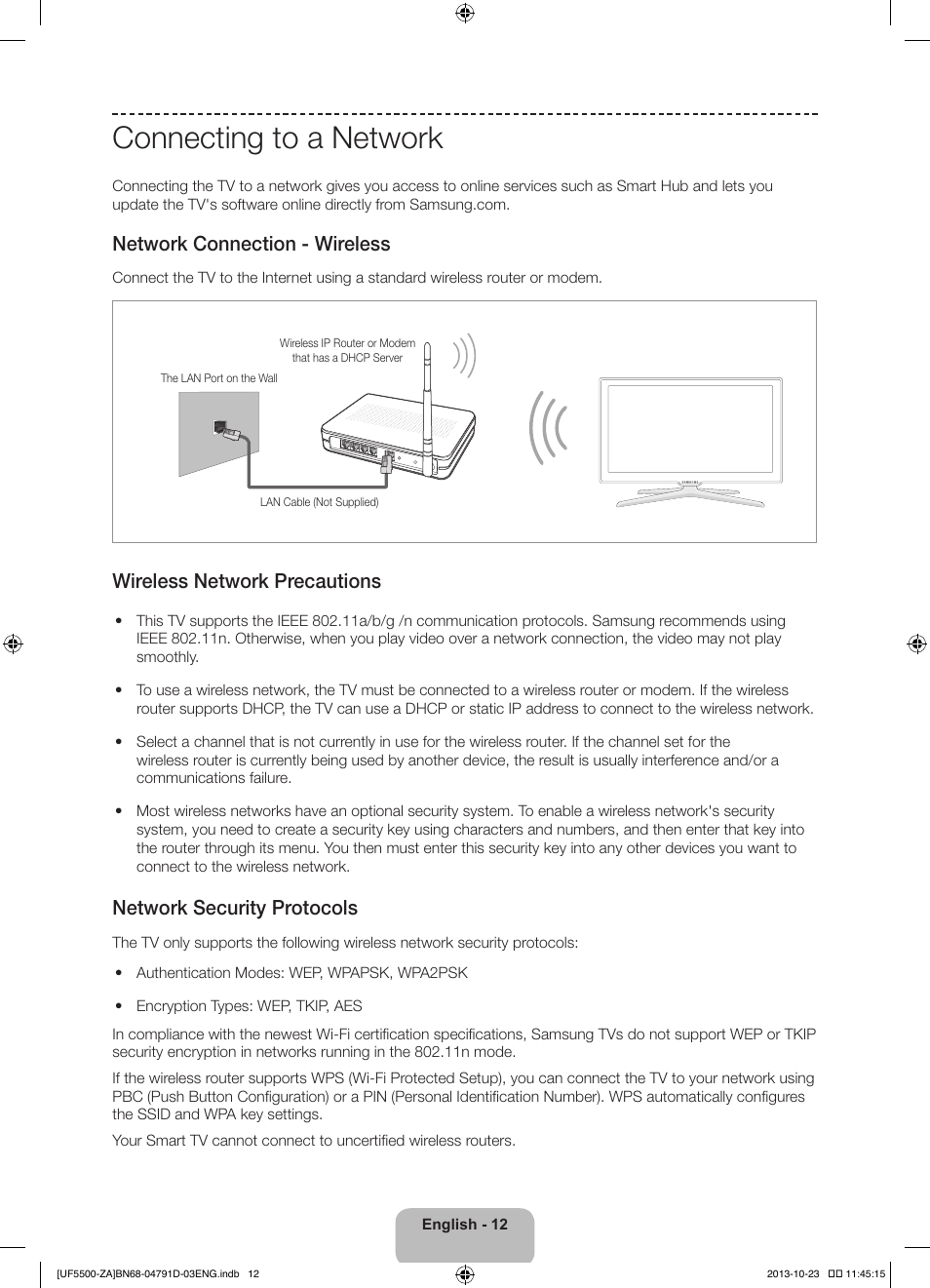 Connecting to a network, Network connection - wireless, Wireless network precautions | Network security protocols | Samsung UN32F5500AFXZA User Manual | Page 12 / 26
