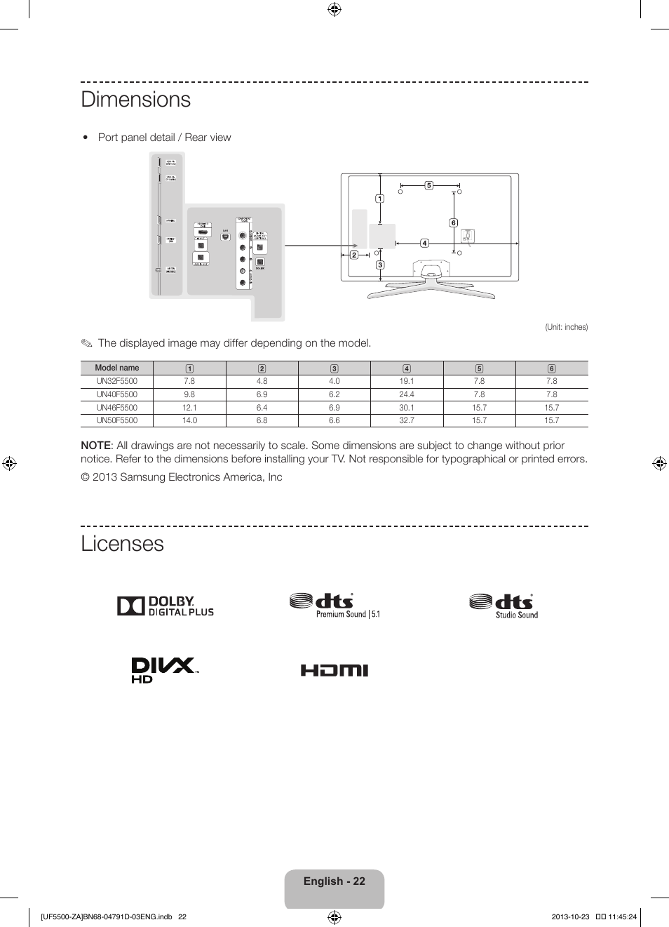 Dimensions, Licenses | Samsung UN32F5500AFXZA User Manual | Page 22 / 26