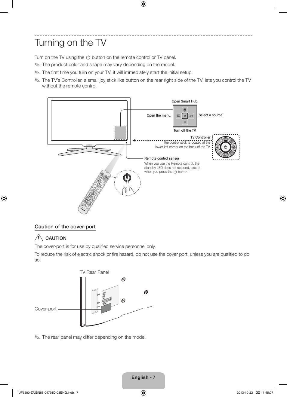 Turning on the tv, Caution of the cover-port | Samsung UN32F5500AFXZA User Manual | Page 7 / 26