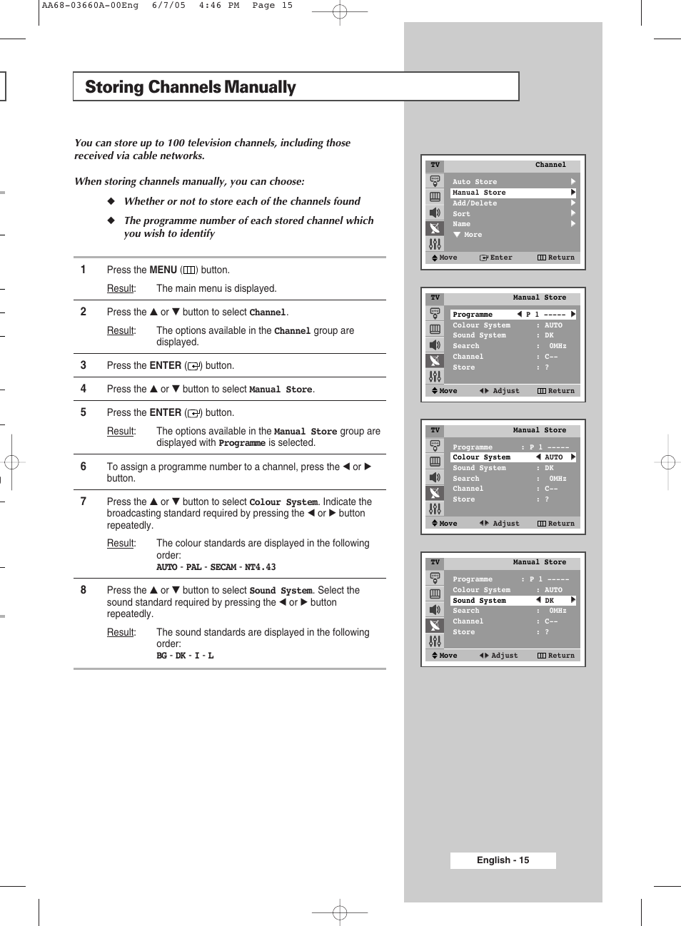 Storing channels manually | Samsung CW29M206PNXXEC User Manual | Page 15 / 48