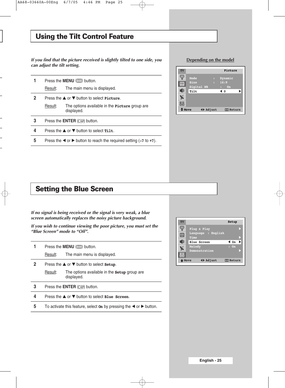 Using the tilt control feature, Setting the blue screen | Samsung CW29M206PNXXEC User Manual | Page 25 / 48