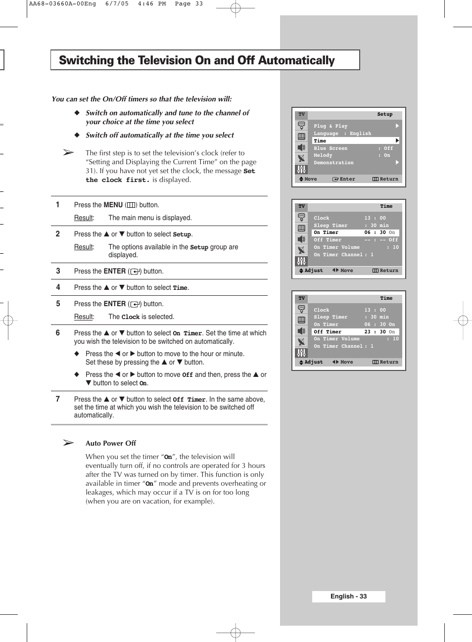 Switching the television on and off automatically | Samsung CW29M206PNXXEC User Manual | Page 33 / 48