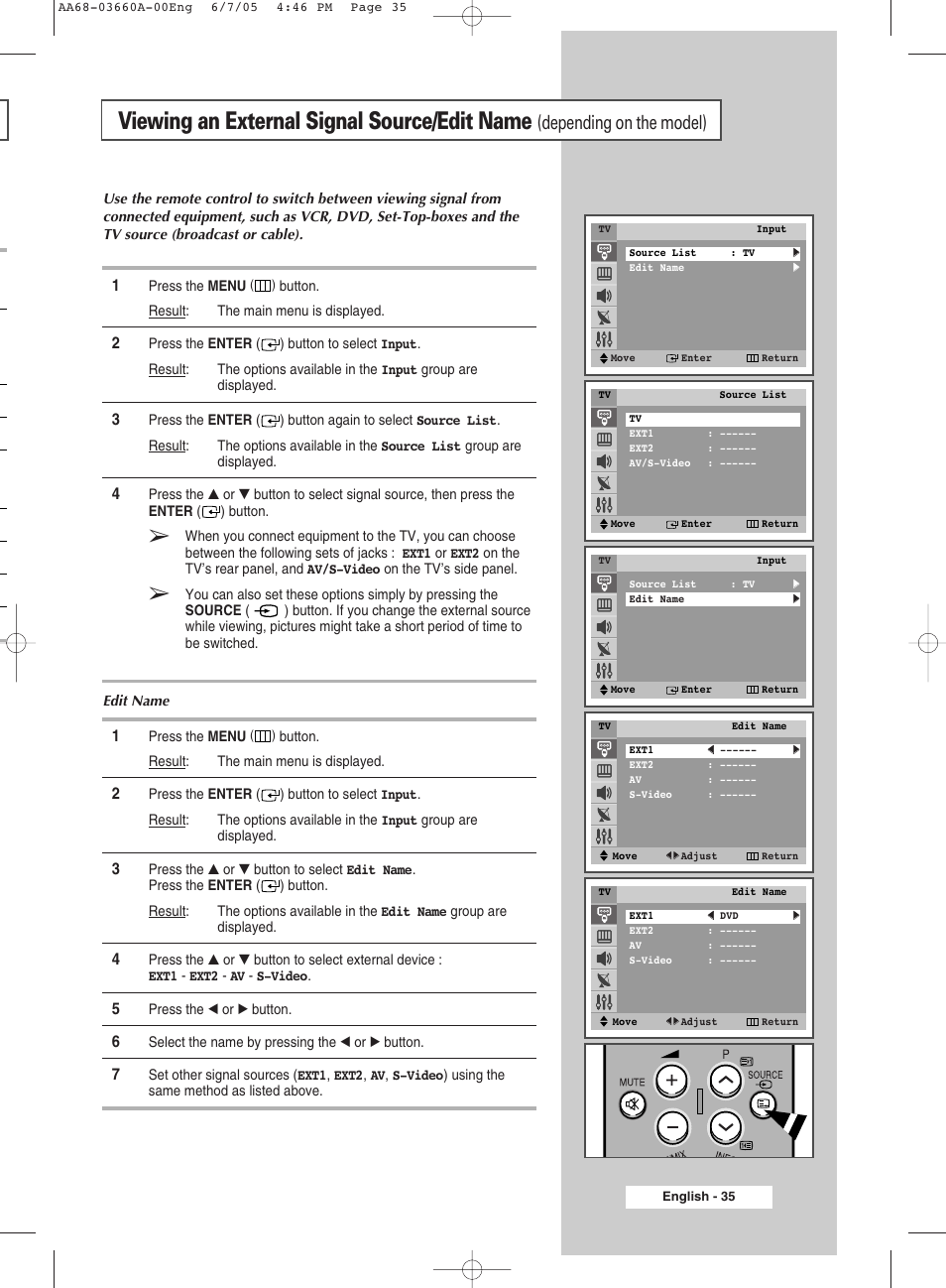 Viewing an external signal source/edit name, Depending on the model) | Samsung CW29M206PNXXEC User Manual | Page 35 / 48