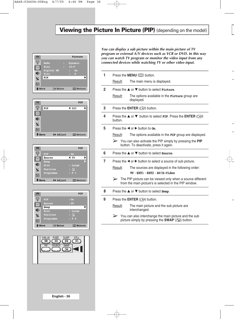 Viewing the picture in picture (pip), Depending on the model) | Samsung CW29M206PNXXEC User Manual | Page 36 / 48