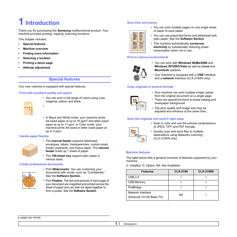 Introduction, Special features | Samsung CLX-2160N-XAA User Manual | Page 12 / 118