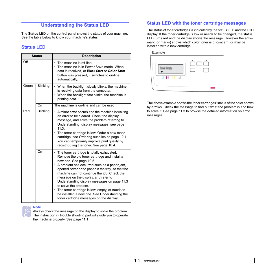 Understanding the status led, Status led, Status led with the toner cartridge messages | Ge 1.4 | Samsung CLX-2160N-XAA User Manual | Page 15 / 118