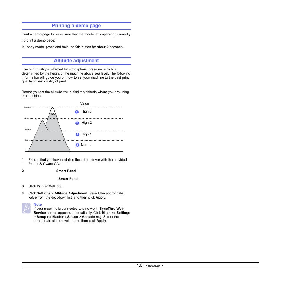 Altitude adjustment, Printing a demo page | Samsung CLX-2160N-XAA User Manual | Page 17 / 118