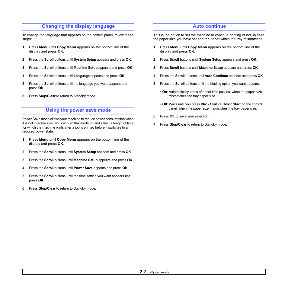 Changing the display language, Using the power save mode, Auto continue | Age 2.2) | Samsung CLX-2160N-XAA User Manual | Page 19 / 118