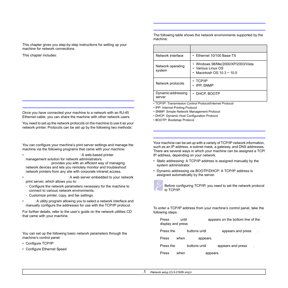 Network setup (clx-2160n only), Introduction, Via network administration programs | Via the control panel, Supported operating systems, Configuring tcp/ip, Static addressing, Network setup, Clx-2160n only), Supported operating systems configuring tcp/ip | Samsung CLX-2160N-XAA User Manual | Page 22 / 118