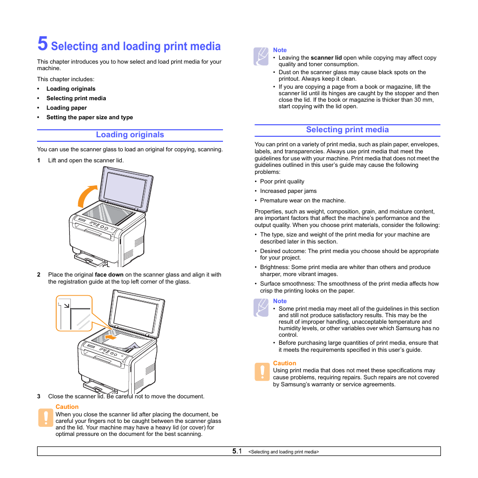 Selecting and loading print media, Loading originals, Selecting print media | Loading originals selecting print media | Samsung CLX-2160N-XAA User Manual | Page 24 / 118