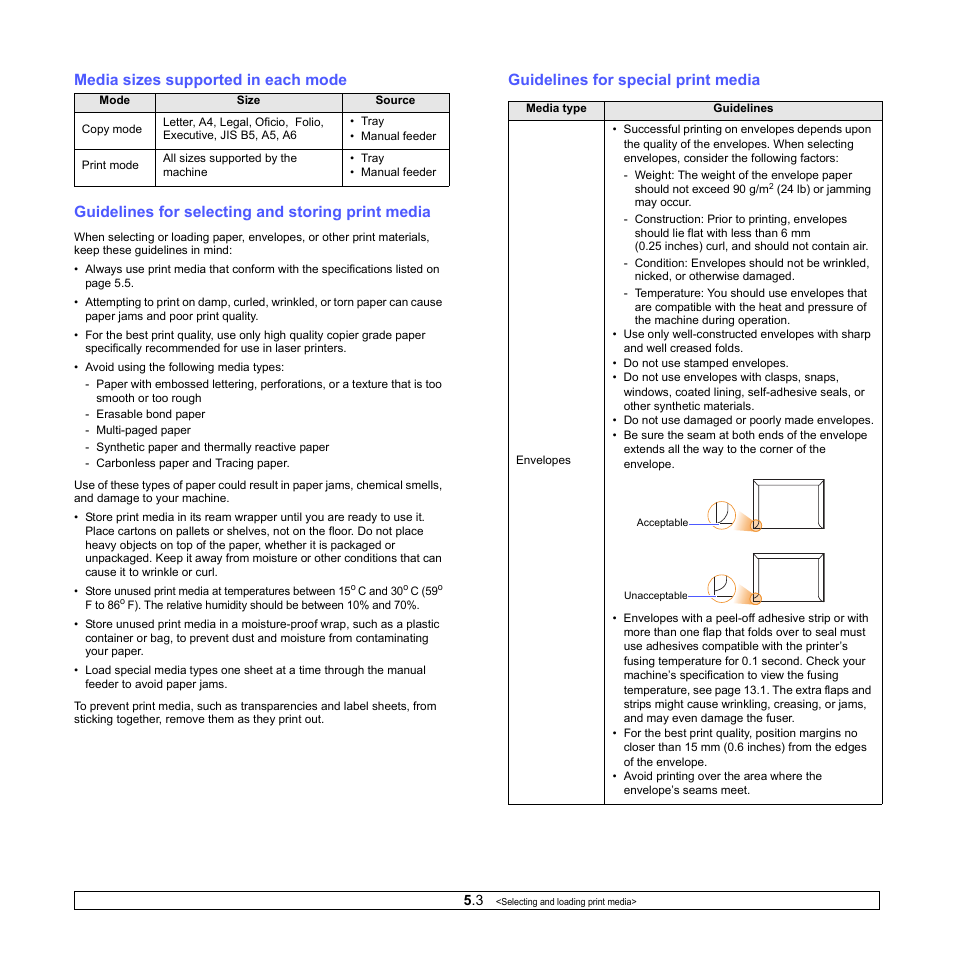 Media sizes supported in each mode, Guidelines for selecting and storing print media, Guidelines for special print media | Samsung CLX-2160N-XAA User Manual | Page 26 / 118