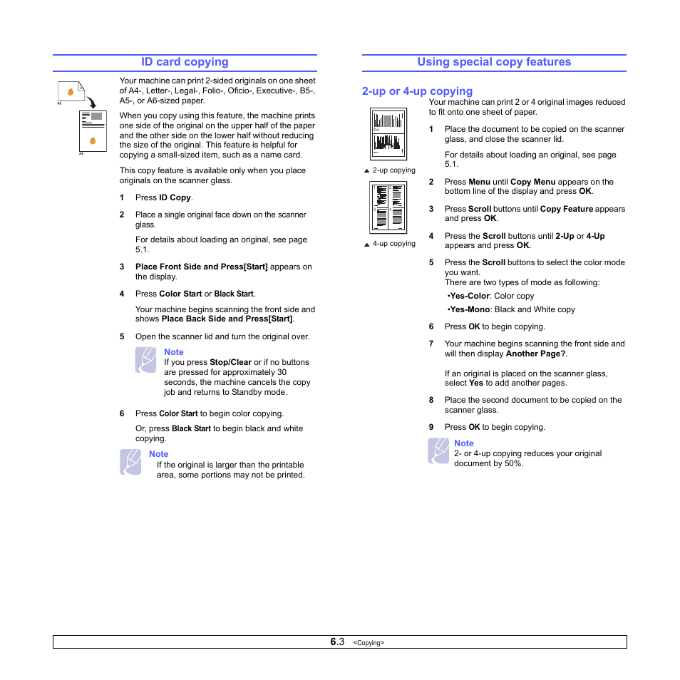Id card copying, Using special copy features, Up or 4-up copying | Id card copying using special copy features | Samsung CLX-2160N-XAA User Manual | Page 34 / 118