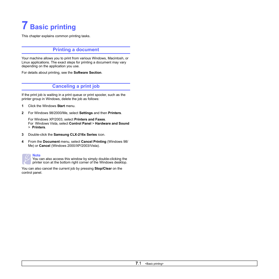 Basic printing, Printing a document, Canceling a print job | Printing a document canceling a print job | Samsung CLX-2160N-XAA User Manual | Page 37 / 118