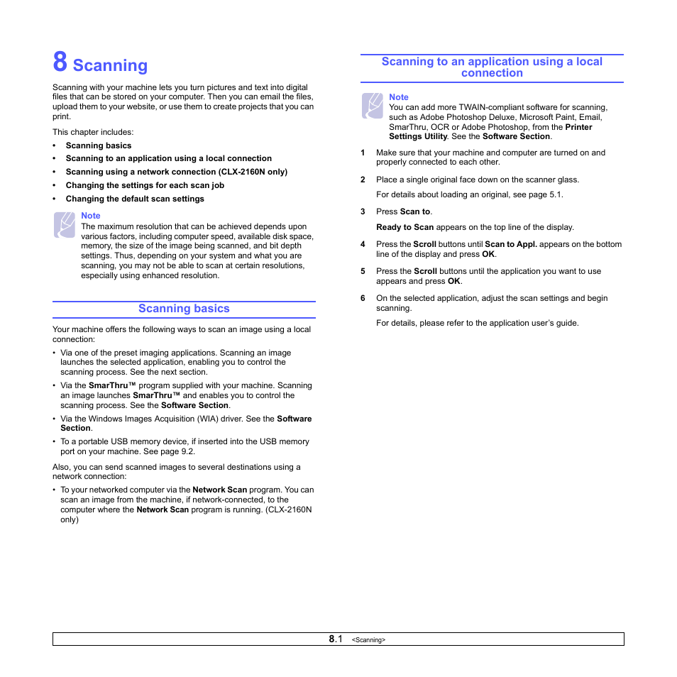 Scanning, Scanning basics | Samsung CLX-2160N-XAA User Manual | Page 38 / 118