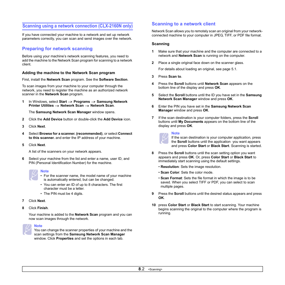 Preparing for network scanning, Scanning to a network client | Samsung CLX-2160N-XAA User Manual | Page 39 / 118