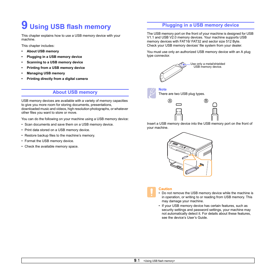 Using usb flash memory, About usb memory, Plugging in a usb memory device | About usb memory plugging in a usb memory device, E 9.1 | Samsung CLX-2160N-XAA User Manual | Page 41 / 118