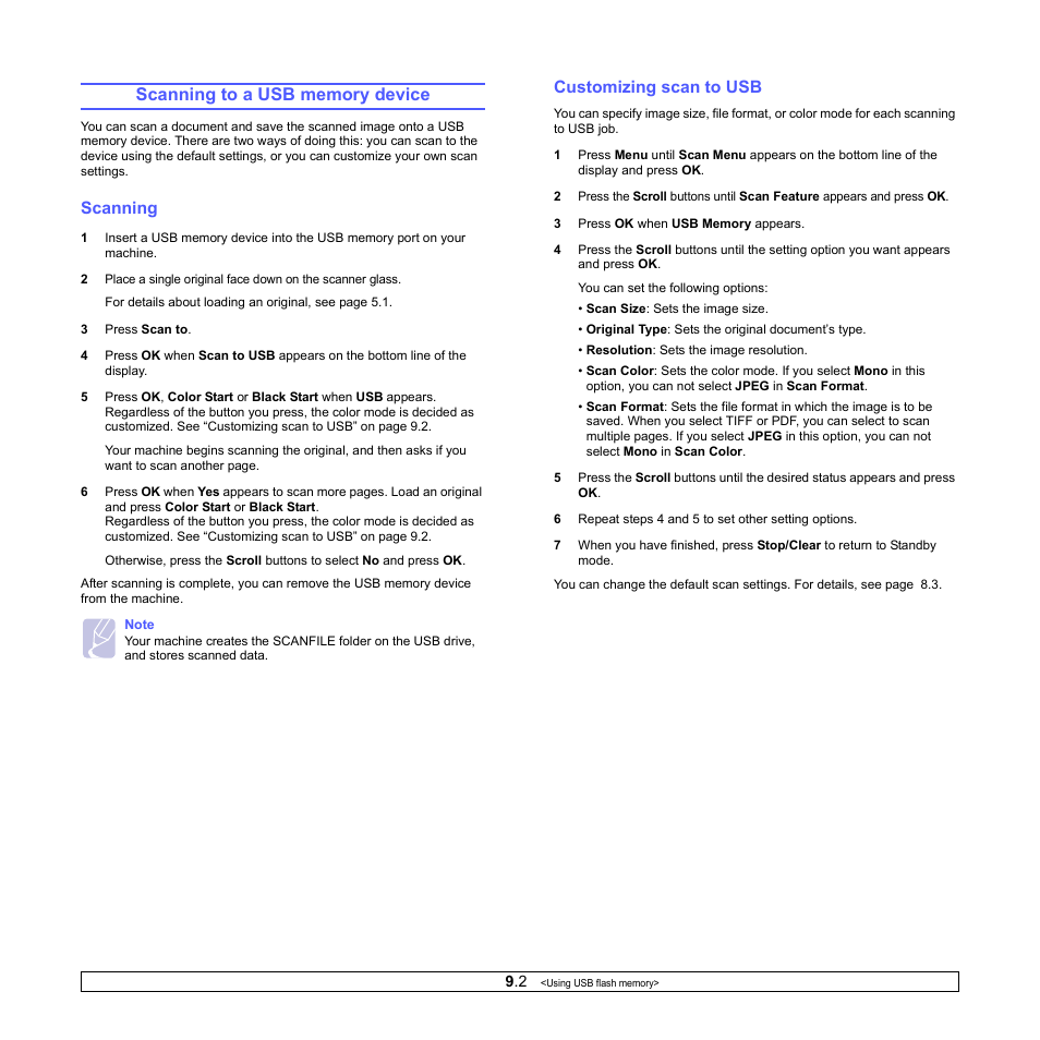 Scanning to a usb memory device, Scanning, Customizing scan to usb | Scanning customizing scan to usb | Samsung CLX-2160N-XAA User Manual | Page 42 / 118