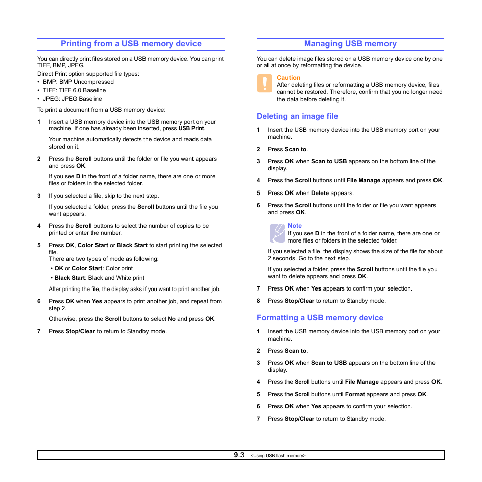 Printing from a usb memory device, Managing usb memory, Deleting an image file | Formatting a usb memory device | Samsung CLX-2160N-XAA User Manual | Page 43 / 118