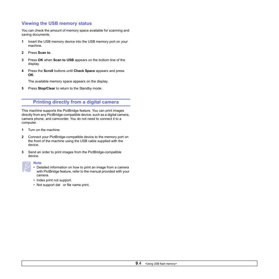 Viewing the usb memory status, Printing directly from a digital camera | Samsung CLX-2160N-XAA User Manual | Page 44 / 118