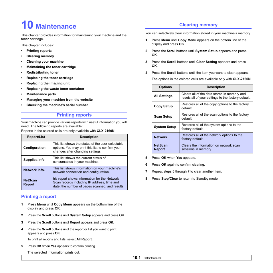 Maintenance, Printing reports, Printing a report | Clearing memory, Age 10.1) | Samsung CLX-2160N-XAA User Manual | Page 45 / 118