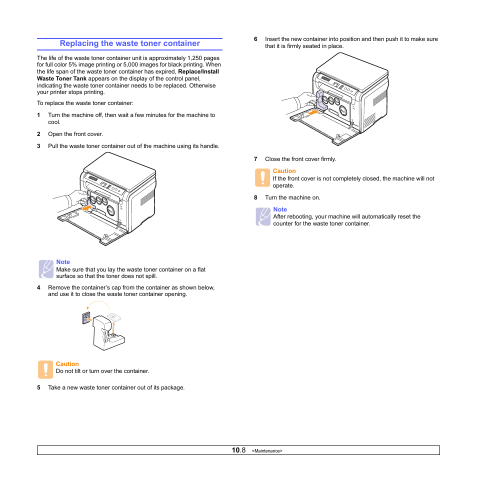 Replacing the waste toner container | Samsung CLX-2160N-XAA User Manual | Page 52 / 118