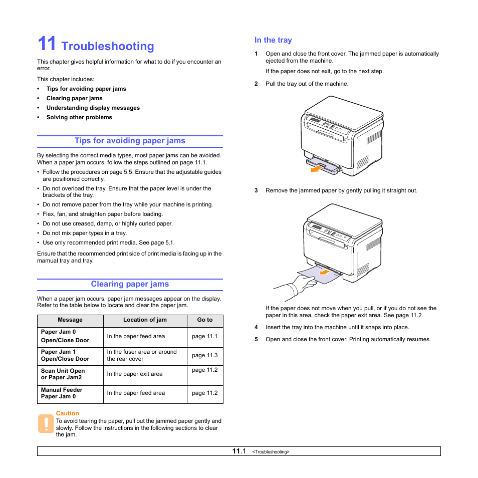 Troubleshooting, Tips for avoiding paper jams, Clearing paper jams | In the tray, Tips for avoiding paper jams clearing paper jams, Ge 11.1 | Samsung CLX-2160N-XAA User Manual | Page 54 / 118