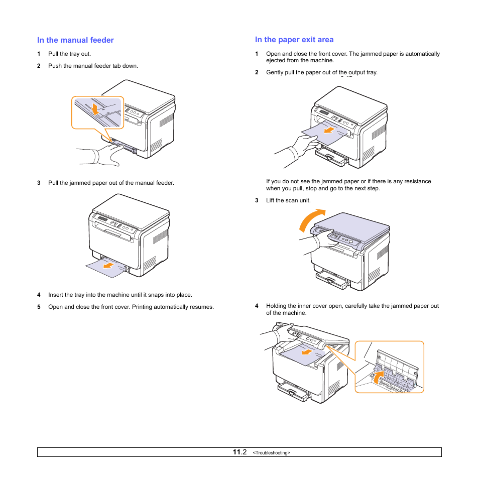 In the manual feeder, In the paper exit area, In the manual feeder in the paper exit area | Samsung CLX-2160N-XAA User Manual | Page 55 / 118