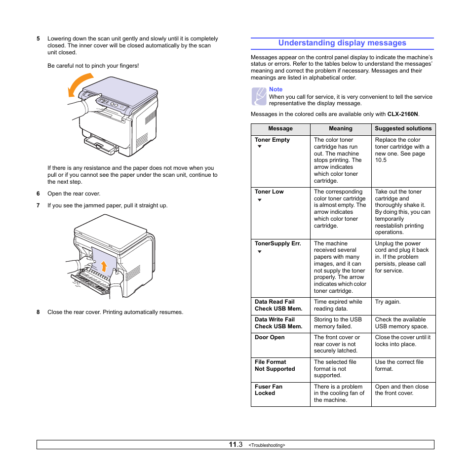 Understanding display messages, E 11.3, Ge 11.3 t | Samsung CLX-2160N-XAA User Manual | Page 56 / 118
