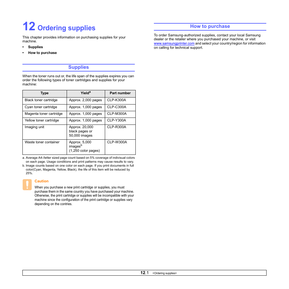 Ordering supplies, Supplies, How to purchase | Supplies how to purchase | Samsung CLX-2160N-XAA User Manual | Page 68 / 118