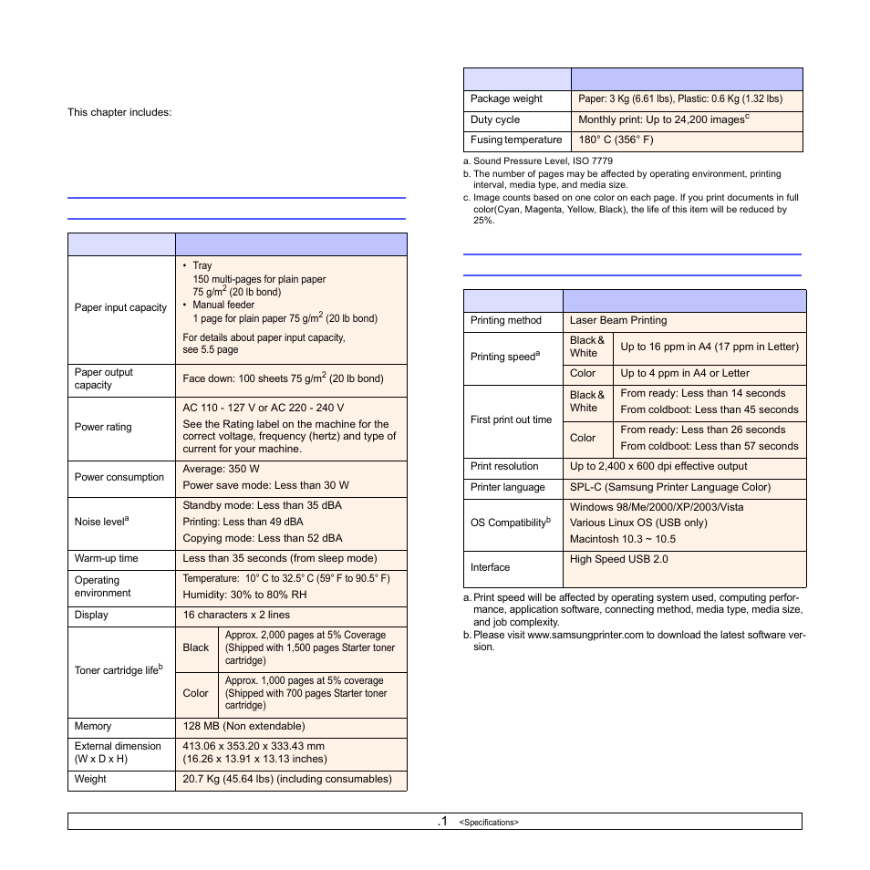 Specifications, General specifications, Printer specifications | General specifications printer specifications | Samsung CLX-2160N-XAA User Manual | Page 69 / 118