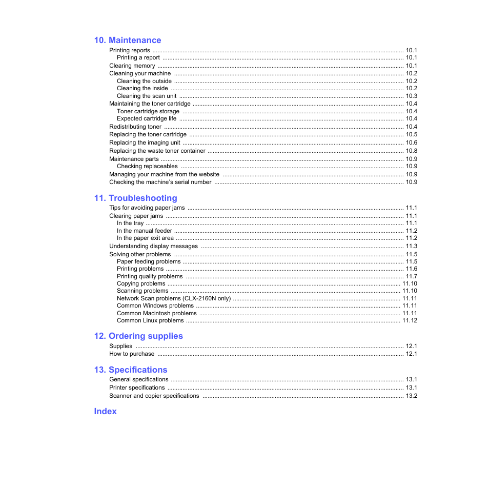 Maintenance, Troubleshooting, Ordering supplies | Specifications, Index | Samsung CLX-2160N-XAA User Manual | Page 7 / 118