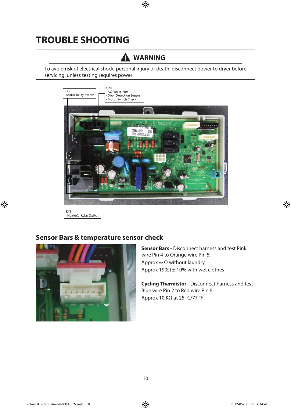 Trouble shooting, Warning, Sensor bars & temperature sensor check | Samsung DV433ETGJWR-A1 User Manual | Page 10 / 36