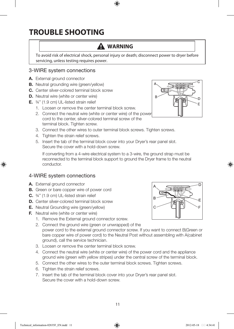 Trouble shooting, Warning | Samsung DV433ETGJWR-A1 User Manual | Page 11 / 36