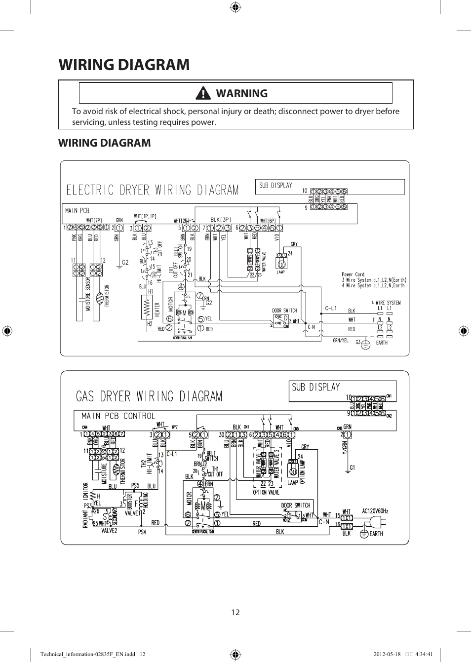 Wiring diagram, Warning | Samsung DV433ETGJWR-A1 User Manual | Page 12 / 36