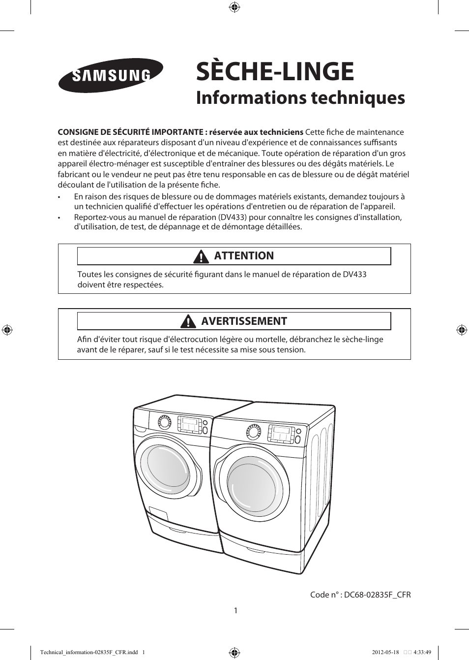 Sèche-linge, Informations techniques | Samsung DV433ETGJWR-A1 User Manual | Page 13 / 36