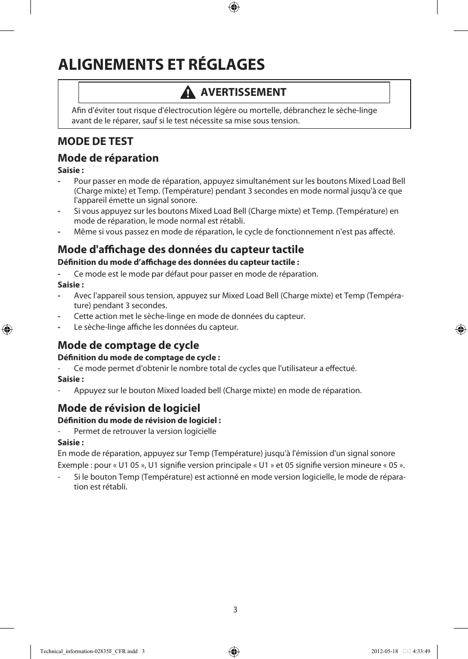 Alignements et réglages, Mode de test mode de réparation, Mode d'affichage des données du capteur tactile | Mode de comptage de cycle, Mode de révision de logiciel, Avertissement | Samsung DV433ETGJWR-A1 User Manual | Page 15 / 36