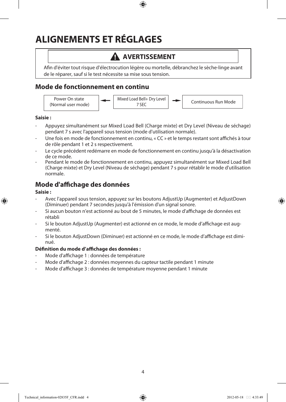 Alignements et réglages, Mode de fonctionnement en continu, Mode d'affichage des données | Avertissement | Samsung DV433ETGJWR-A1 User Manual | Page 16 / 36