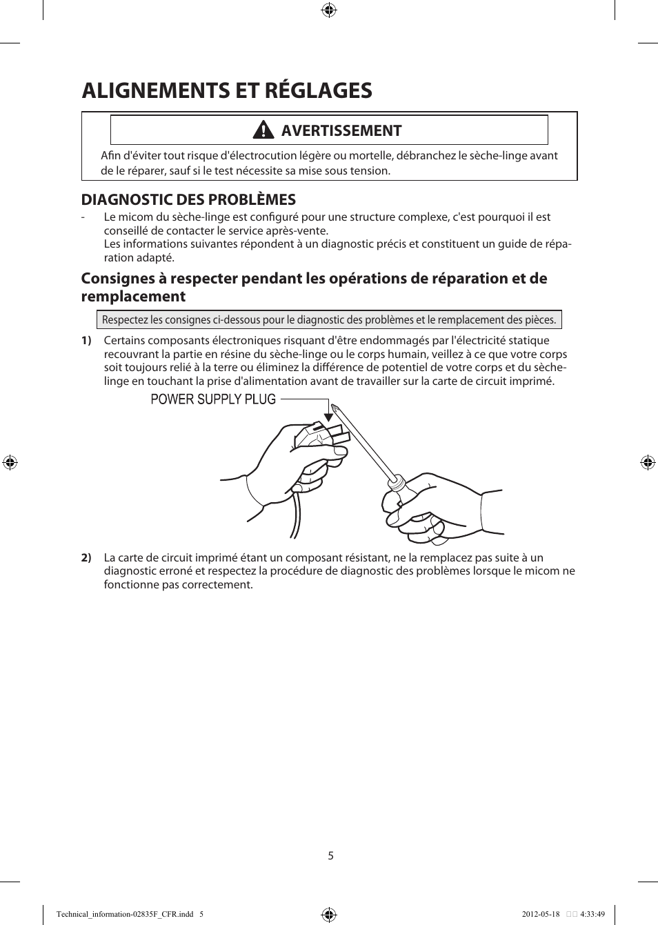 Alignements et réglages, Diagnostic des problèmes, Avertissement | Samsung DV433ETGJWR-A1 User Manual | Page 17 / 36
