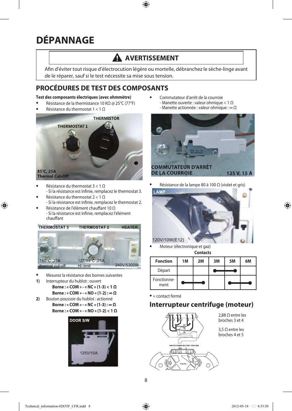 Dépannage, Avertissement, Procédures de test des composants | Interrupteur centrifuge (moteur) | Samsung DV433ETGJWR-A1 User Manual | Page 20 / 36