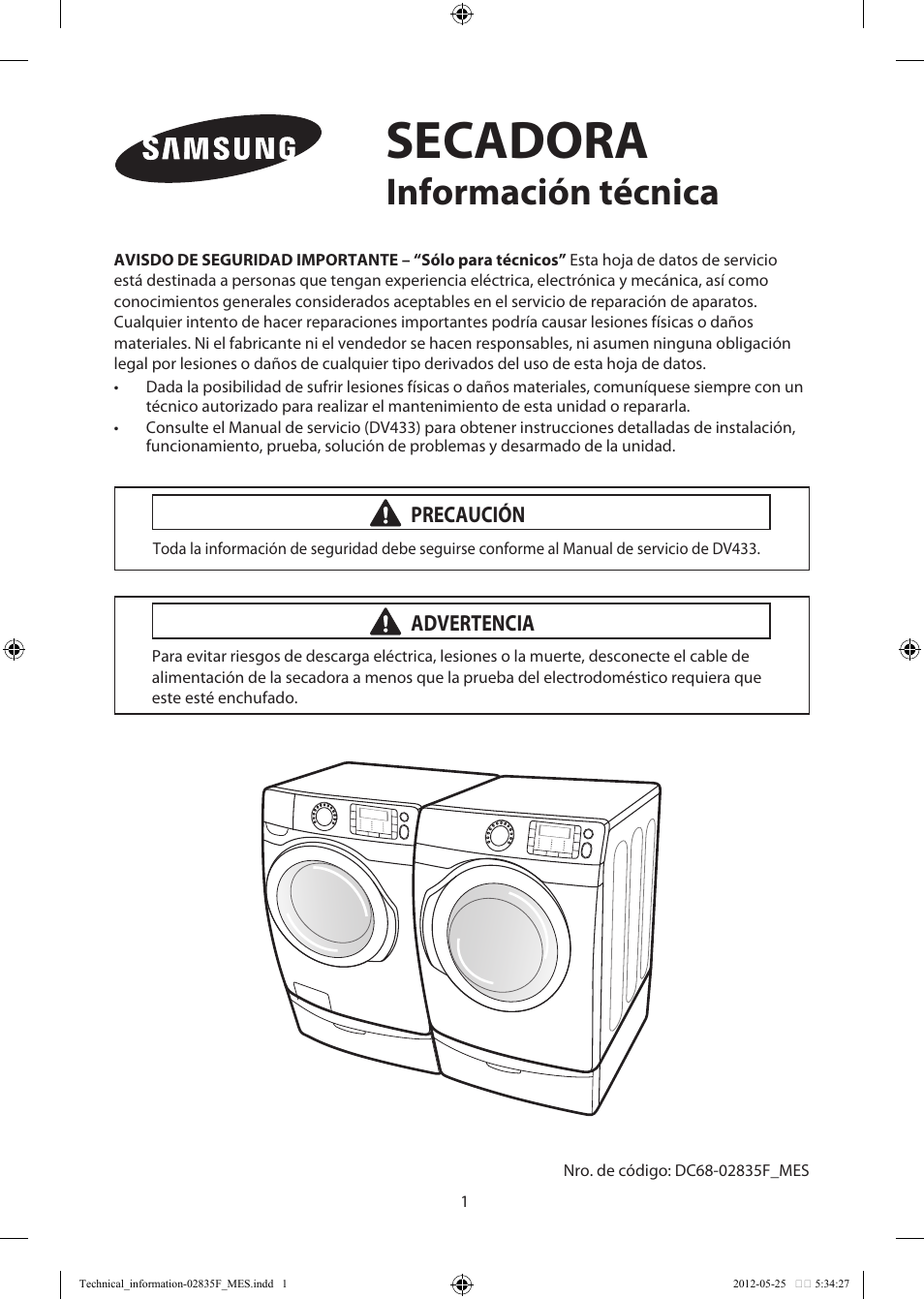 Secadora, Información técnica | Samsung DV433ETGJWR-A1 User Manual | Page 25 / 36