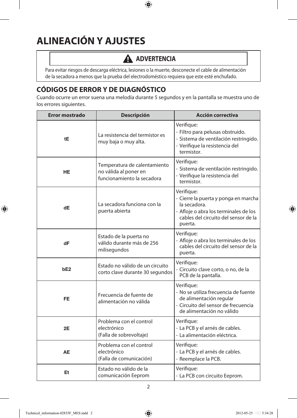 Alineación y ajustes, Códigos de error y de diagnóstico, Advertencia | Samsung DV433ETGJWR-A1 User Manual | Page 26 / 36