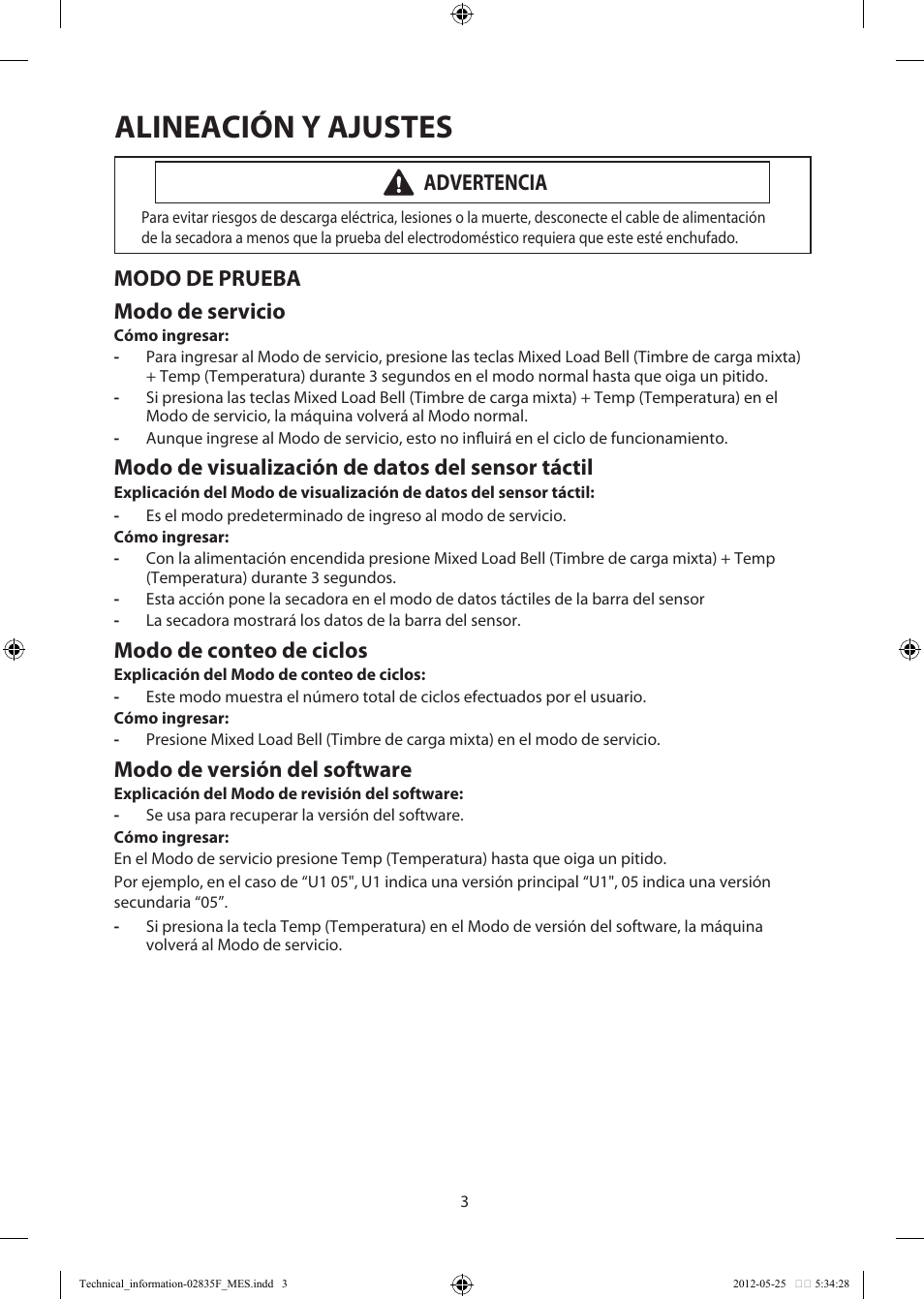 Alineación y ajustes, Modo de prueba modo de servicio, Modo de visualización de datos del sensor táctil | Modo de conteo de ciclos, Modo de versión del software, Advertencia | Samsung DV433ETGJWR-A1 User Manual | Page 27 / 36