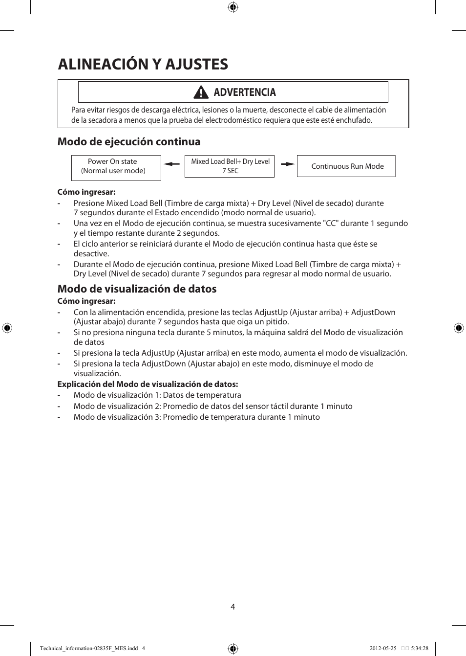 Alineación y ajustes, Modo de ejecución continua, Modo de visualización de datos | Advertencia | Samsung DV433ETGJWR-A1 User Manual | Page 28 / 36