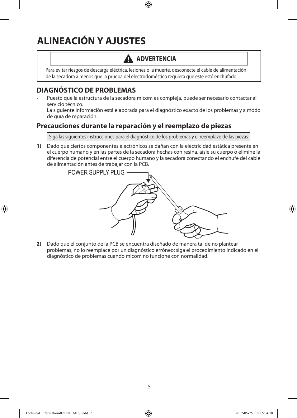 Alineación y ajustes, Diagnóstico de problemas, Advertencia | Samsung DV433ETGJWR-A1 User Manual | Page 29 / 36
