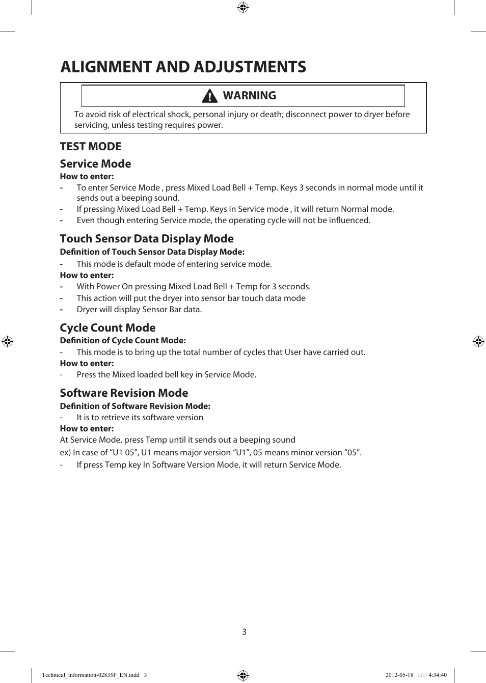 Alignment and adjustments, Test mode service mode, Touch sensor data display mode | Cycle count mode, Software revision mode, Warning | Samsung DV433ETGJWR-A1 User Manual | Page 3 / 36
