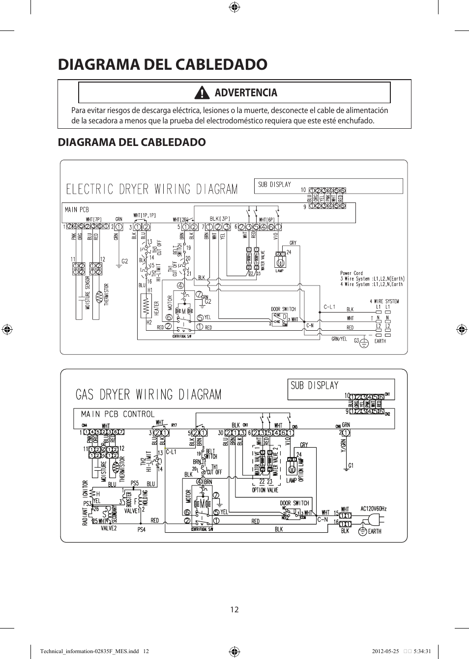 Diagrama del cabledado, Advertencia | Samsung DV433ETGJWR-A1 User Manual | Page 36 / 36