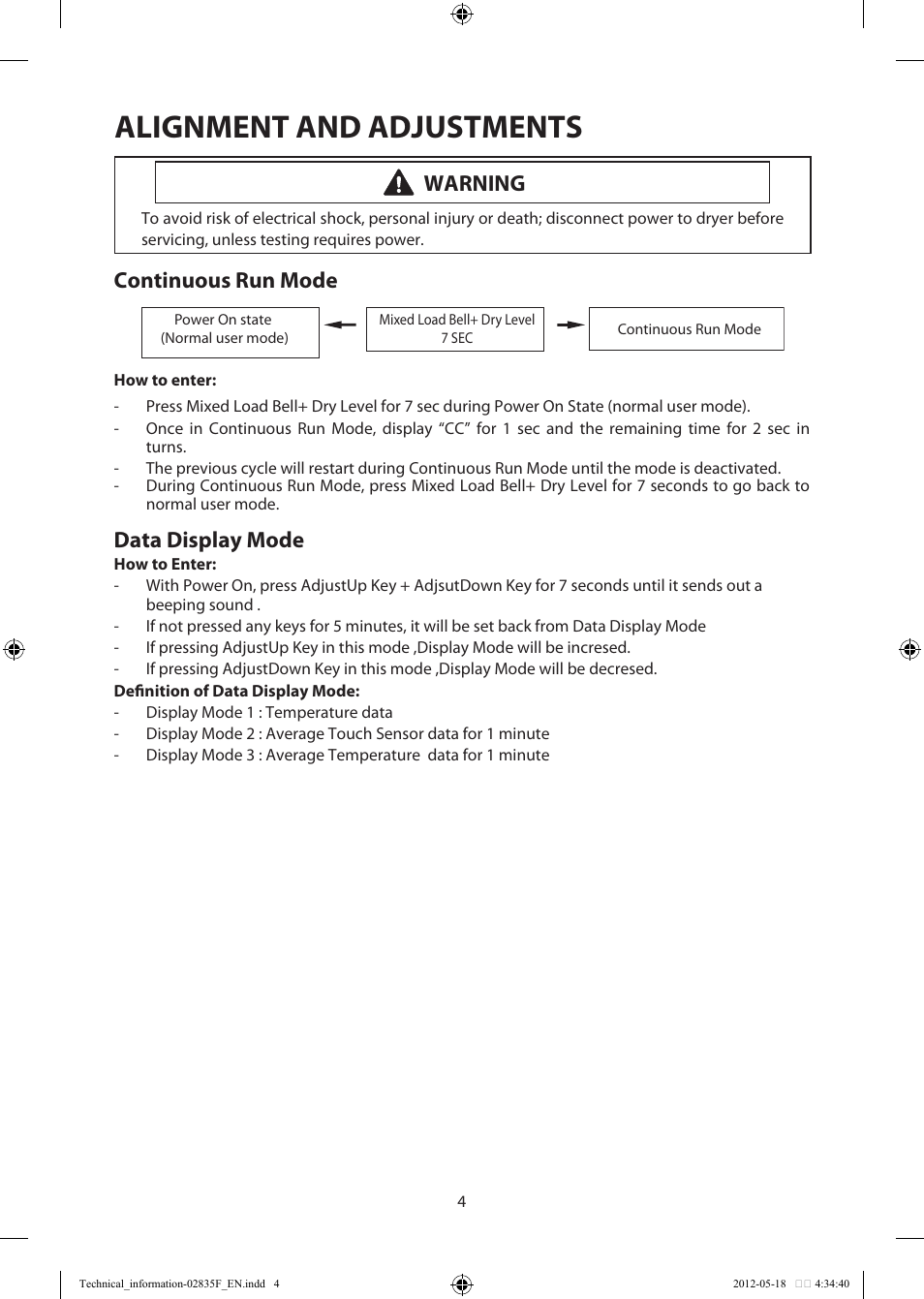 Alignment and adjustments, Continuous run mode, Data display mode | Warning | Samsung DV433ETGJWR-A1 User Manual | Page 4 / 36