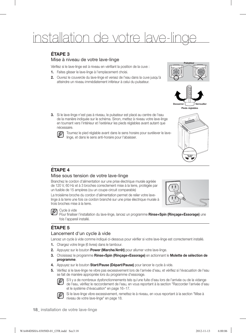 Installation de votre lave-linge | Samsung WA484DSHASU-A1 User Manual | Page 106 / 132