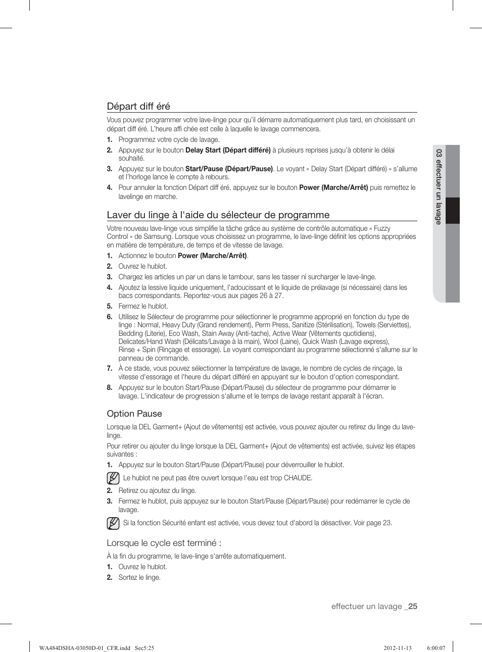Départ diff éré, Laver du linge à l'aide du sélecteur de programme | Samsung WA484DSHASU-A1 User Manual | Page 113 / 132